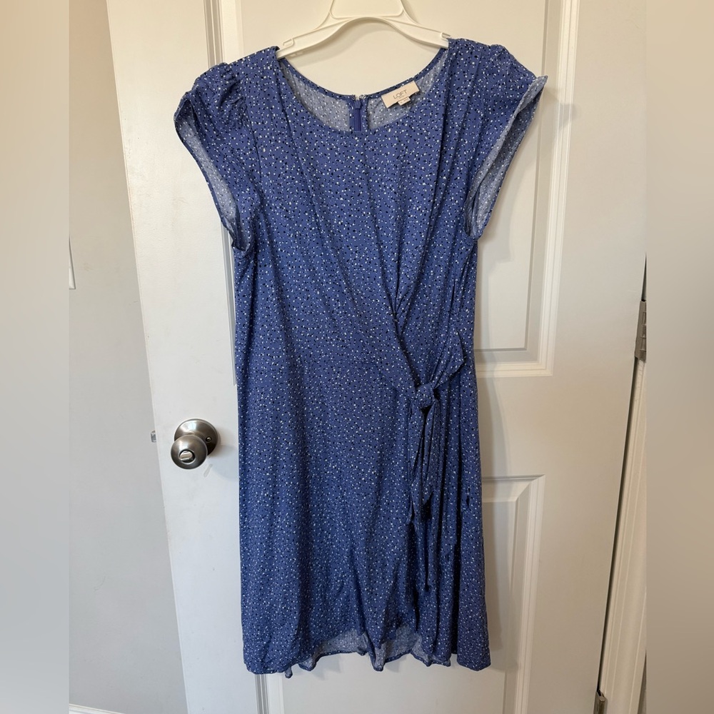 Loft Blue tie waist wrap Cap Sleeve Dress NEW 12